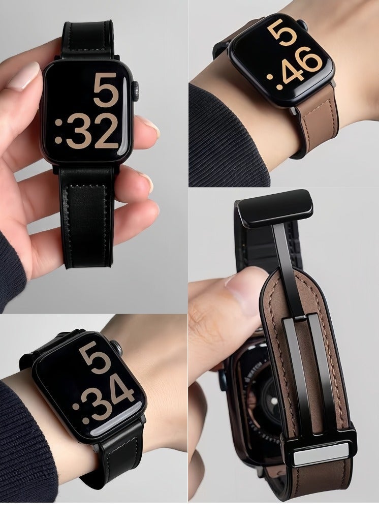 أفضل ذروة حزام سيليكون جلدي مغناطيسي قابل للتعديل لساعة Apple Watch، (الحزام فقط، الساعة غير متضمنة)، عبوة من قطعتين - حزام بني + حزام أسود، حزام ساعة Apple، حزام ساعة قابل للتعديل، حزام ساعة رفيع للرجال والنساء iWatch Series10 9 8 7 6 5 4 3 2 1متوافق مع حزام ساعة Apple Watch مقاس 38 مم و40 مم و41 مم و42 مم - Image 1